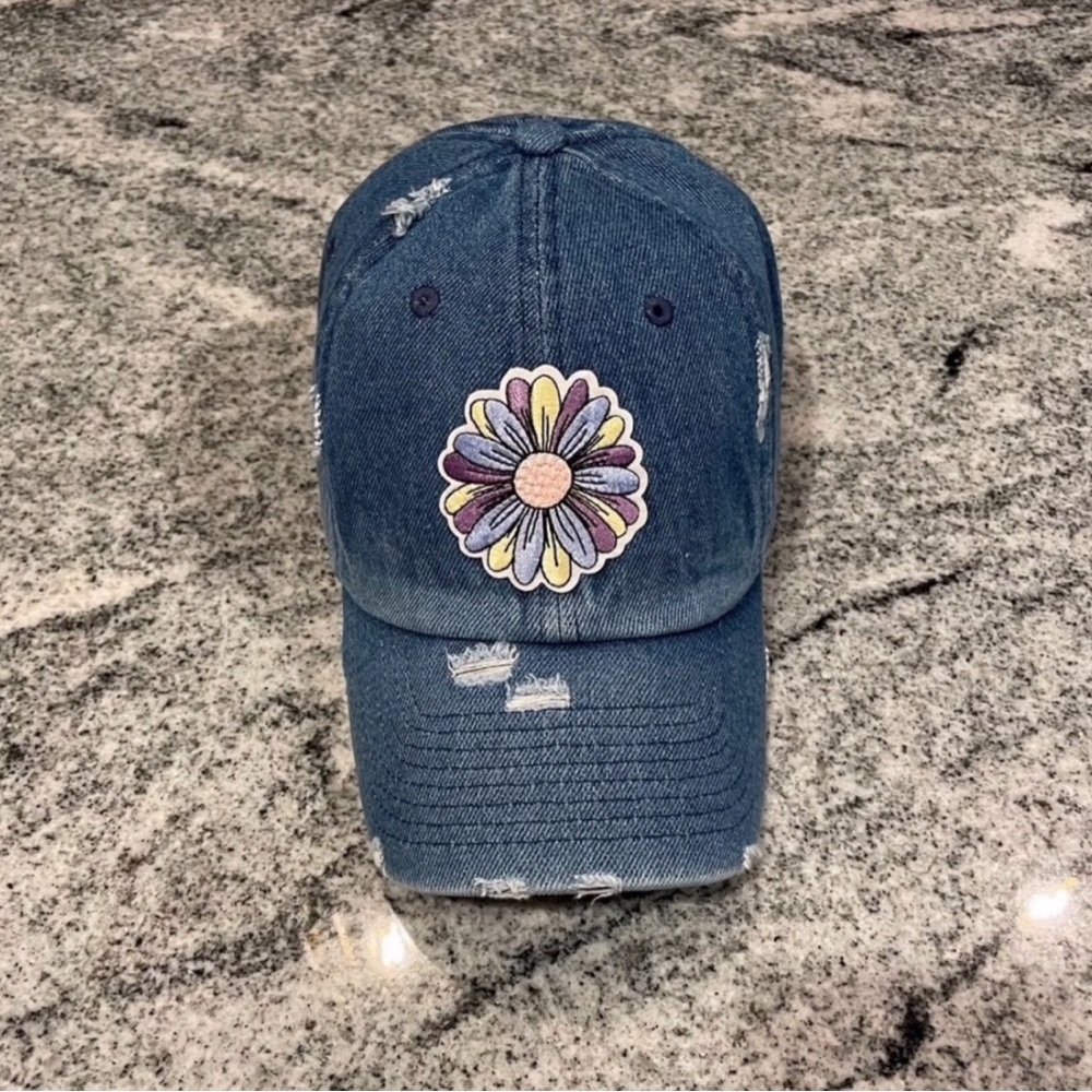 New Custom Designed Blue Distressed Baseball Cap with Multicolored Flower